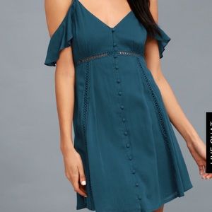 Lulus Teal Off shoulder ruffle sleeve dress